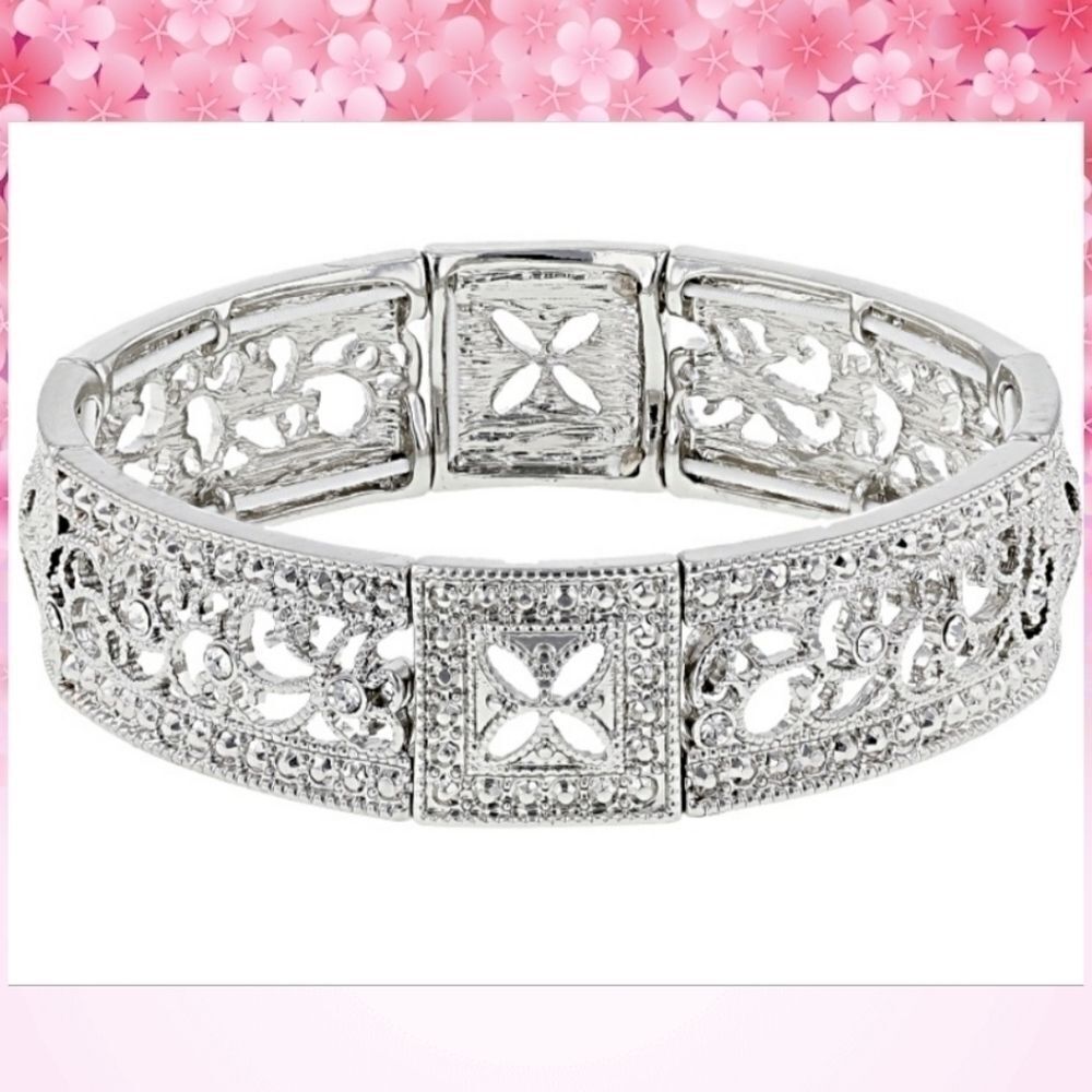 1928 Jewelry White Crystal Silver Tone Fancy Stretch Bracelet